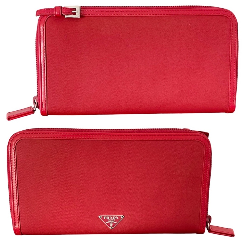 Prada 90s red Tessuto nylon leather buckle detail long zip wallet rare